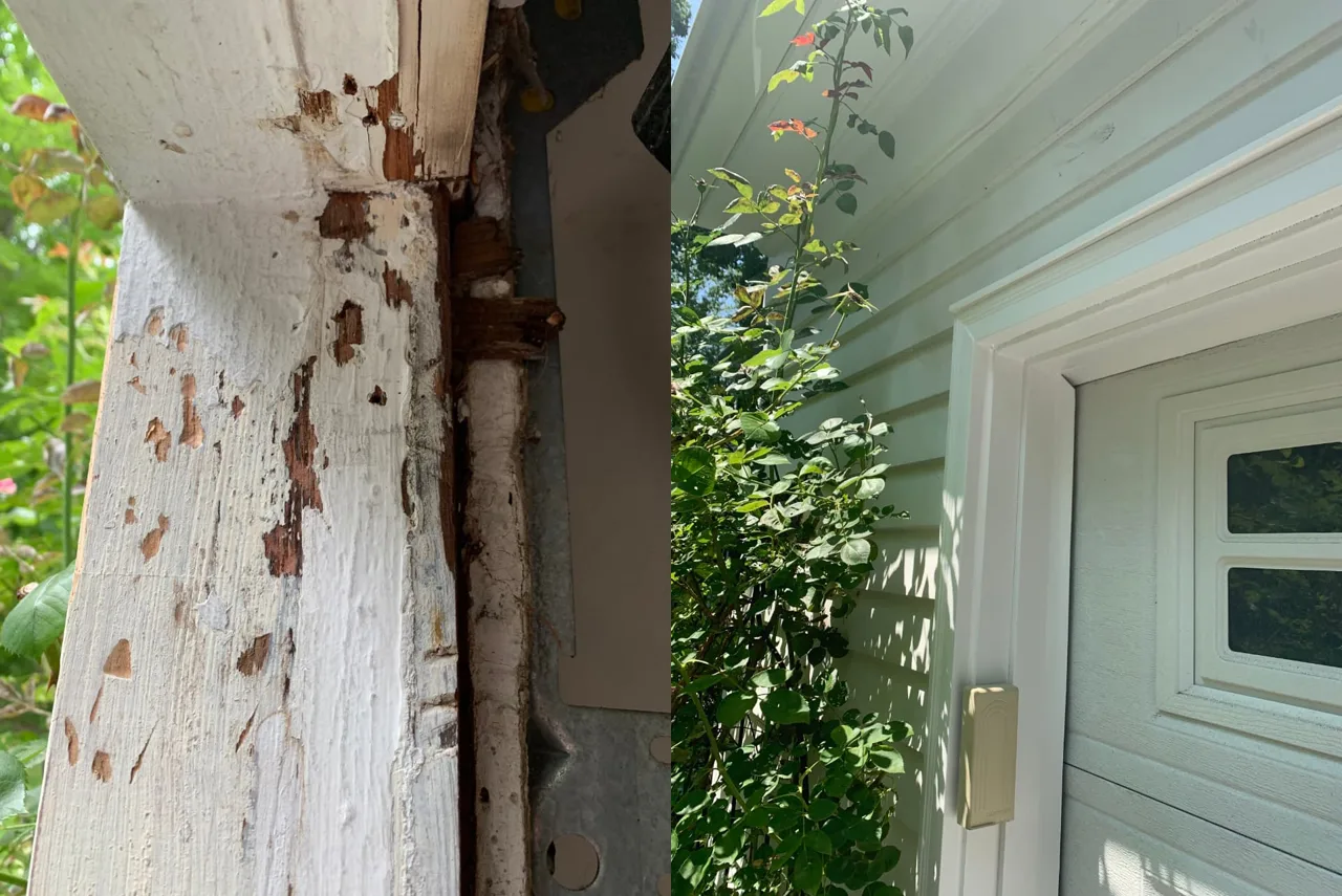 Before and after rotted garage door trim replacement with PVC trim in Willoughby Hills, Ohio