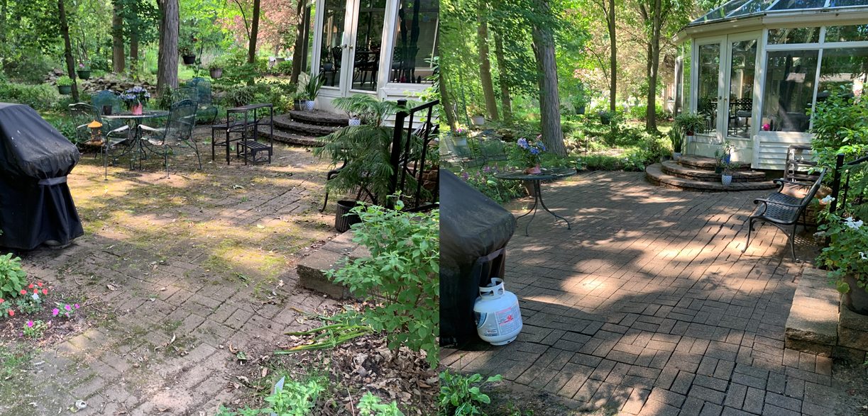 Brick patio before and after power washing