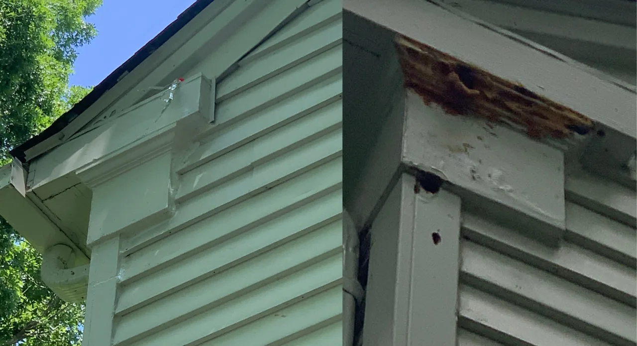 Before and after rotted soffit and siding corner repaired in Willoughby Hills, Ohio