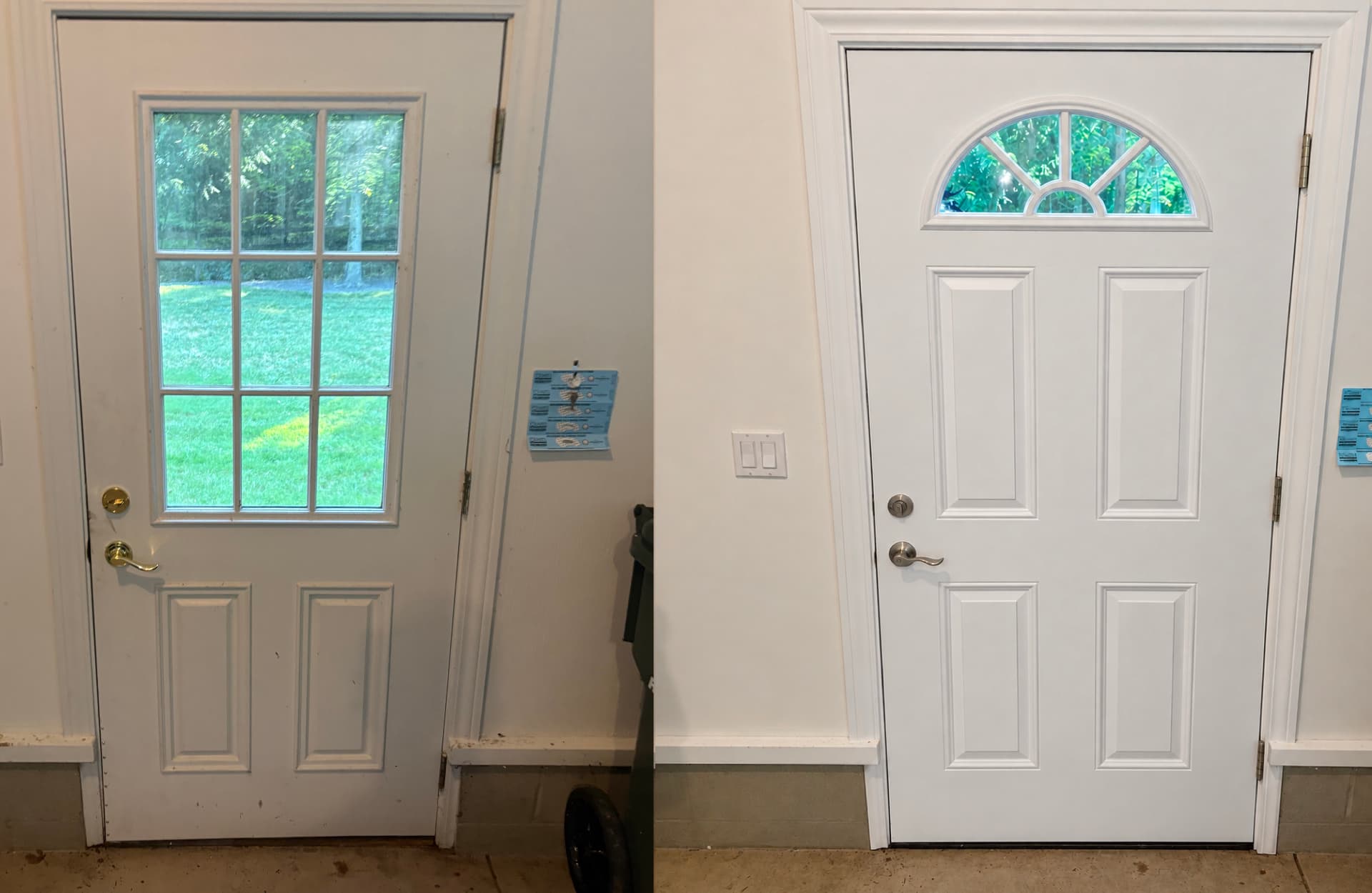 Before and after door replacement: an older door with a large rectangular window replaced by a white paneled door with a half-round window