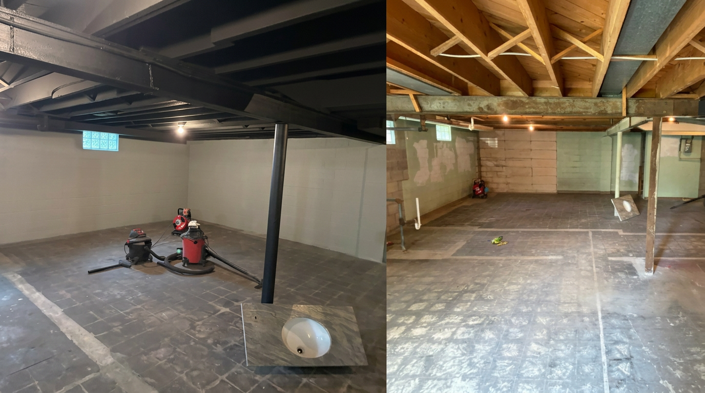 Before and after basement ceiling and wall painting in Painesville