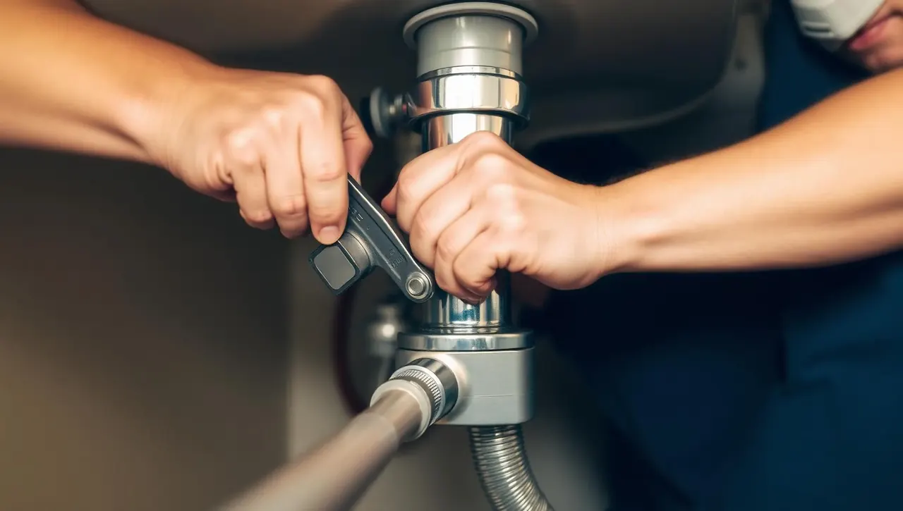 Handyman repairing chrome sink pipes with a wrench
